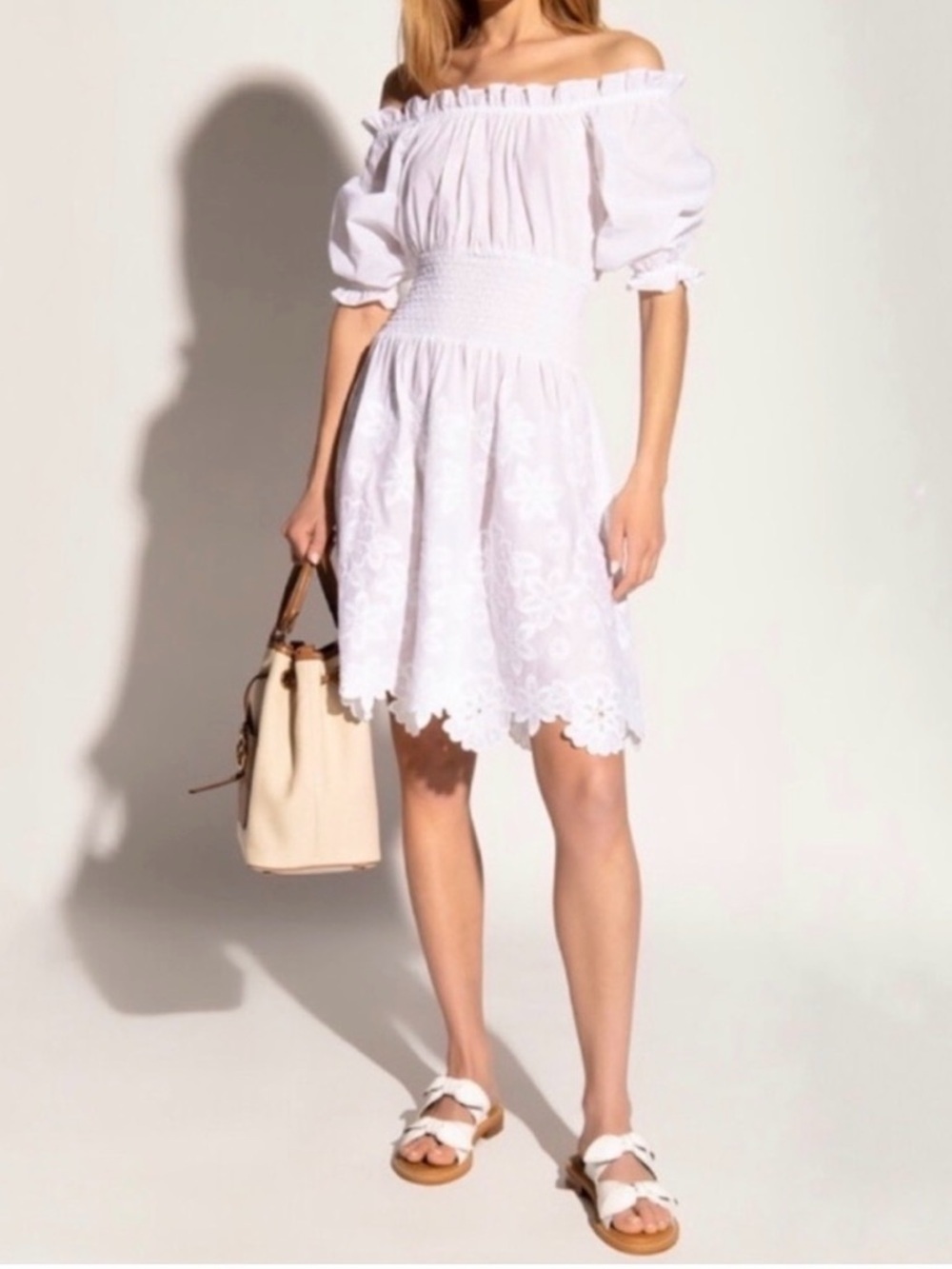 Kate Spade Broderie Anglaise Smocked-waist embroidered flower Dress